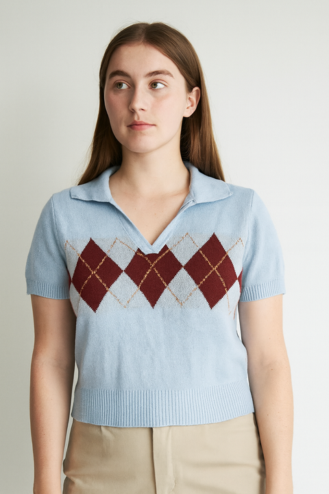 Forever 21 Women's Blue Argyle Pattern Short Sleeve Sweatshirt | Forever 21 In Lebanon