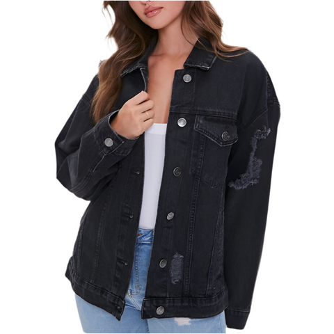 Forever 21 Women's Black Ripped Denim Jacket | Forever 21 In Lebanon