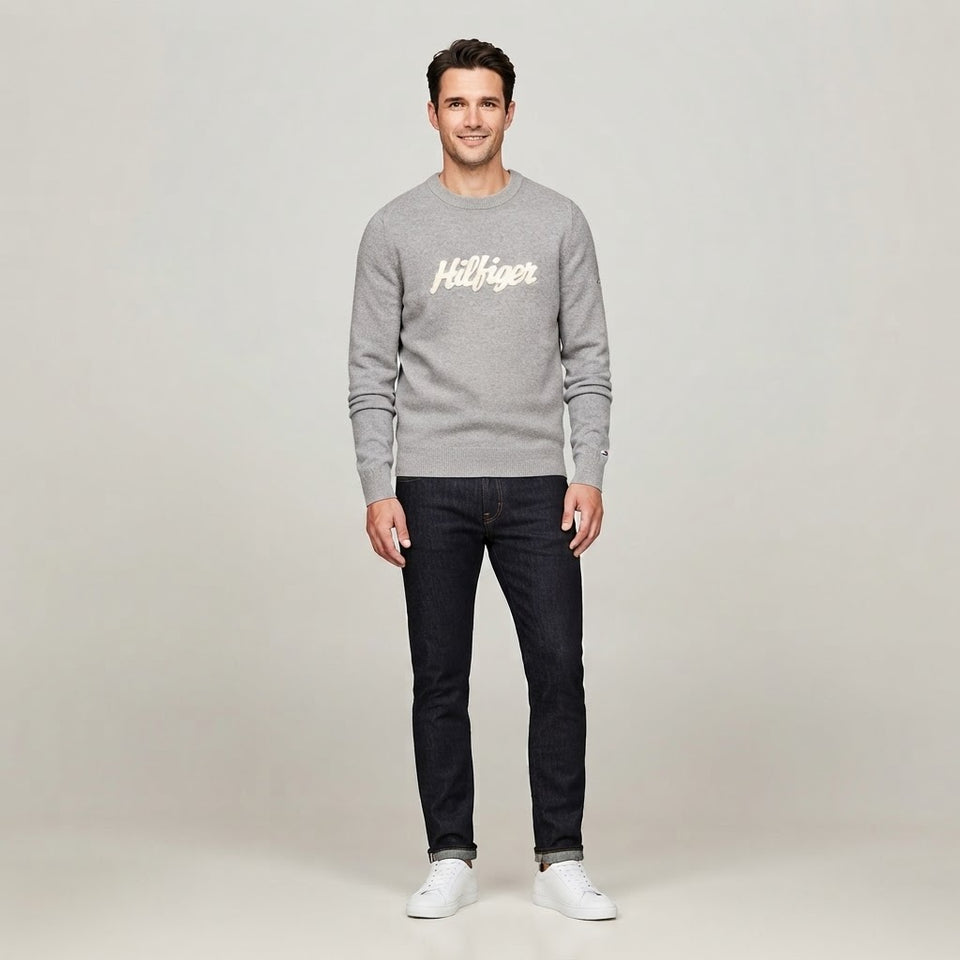 Tommy Hilfiger Men's Grey Script Embroidered Crewneck Sweater
