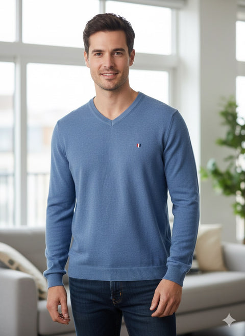 Jack & Jones Men's Blue Denim V-Neck Lightweight Knit Sweater | Jack & Jones In Lebanon