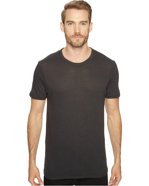 Man wearing a dark gray t-shirt on a white background