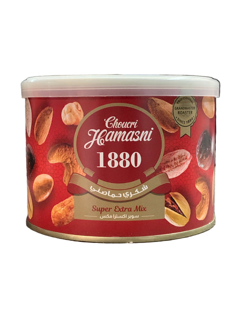 Red container with brand logo and cashew images on a wooden surface