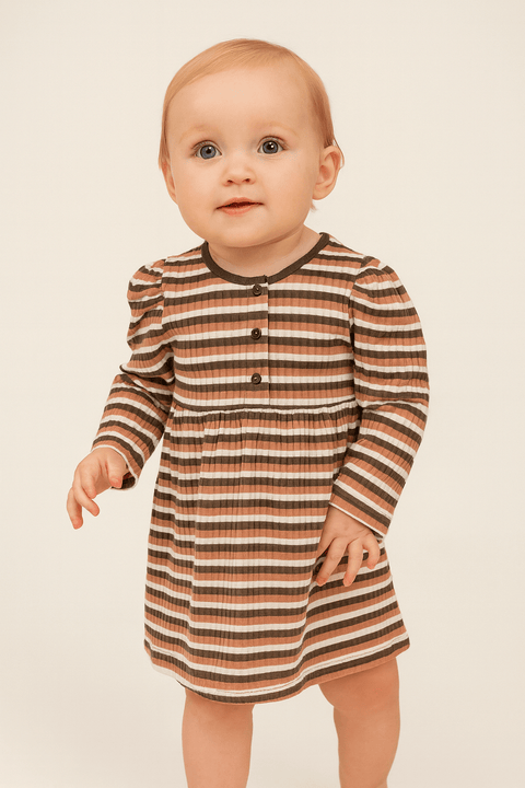 POMPdeLUX Baby Girl's Striped Brown Dusty Rose Long-Sleeve Dress | POMPdeLUX in Lebanon