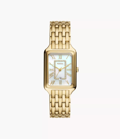Gold watch with a white face on a white background