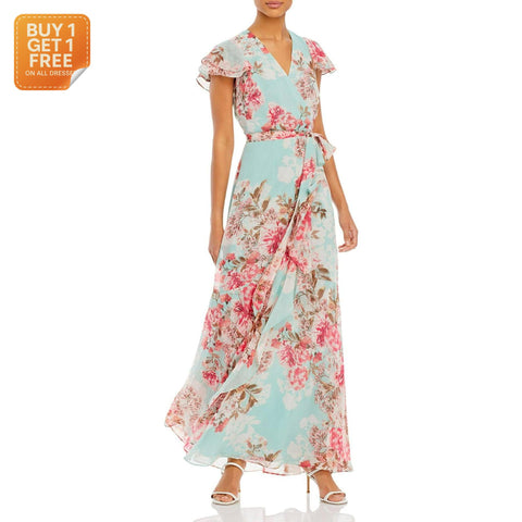 Eliza J Women's Aqua Flutter Sleeve Long Maxi Dress | Eliza J In Lebanon