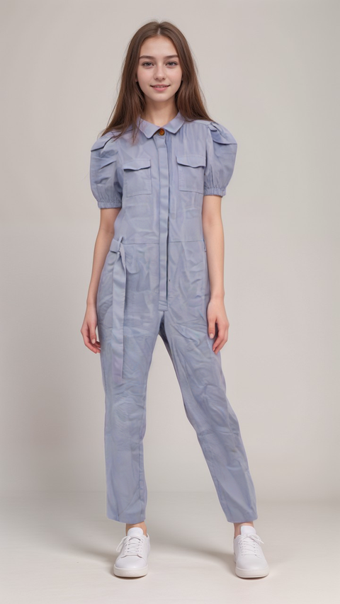 POMPdeLUX Girl's Baby Blue Organic Cotton Short-Sleeve Jumpsuit | POMPdeLUX In Lebanon