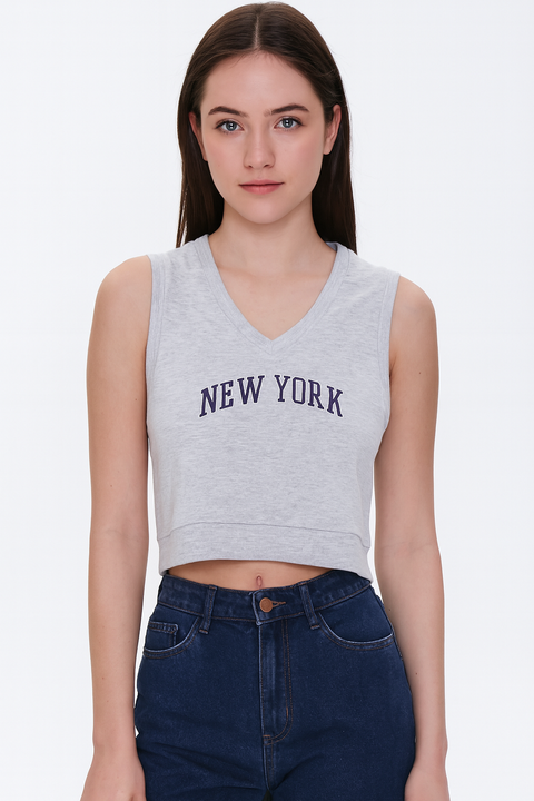 Forever 21 Women's Grey "New York" V Neck Sleeveless Blouse | Forever 21 In Lebanon