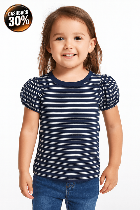POMPdeLUX Girl's White/Navy Stripped Organic Short-Sleeve T-shirt |POMPdeLUX in Lebanon