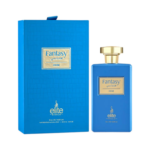 Blue 'Fantasy' perfume bottle and packaging with gold accents on a white background