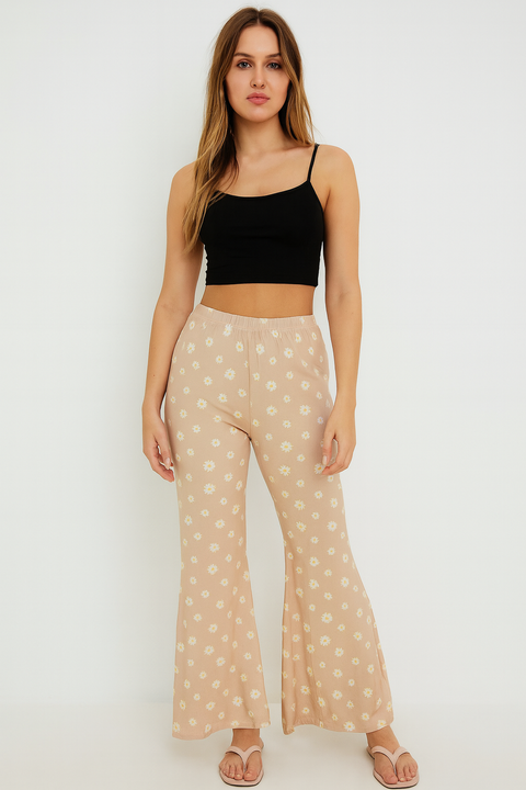 Forever 21 Women's Beige Floral Printed Flare Pant | Forever 21 In Lebanon