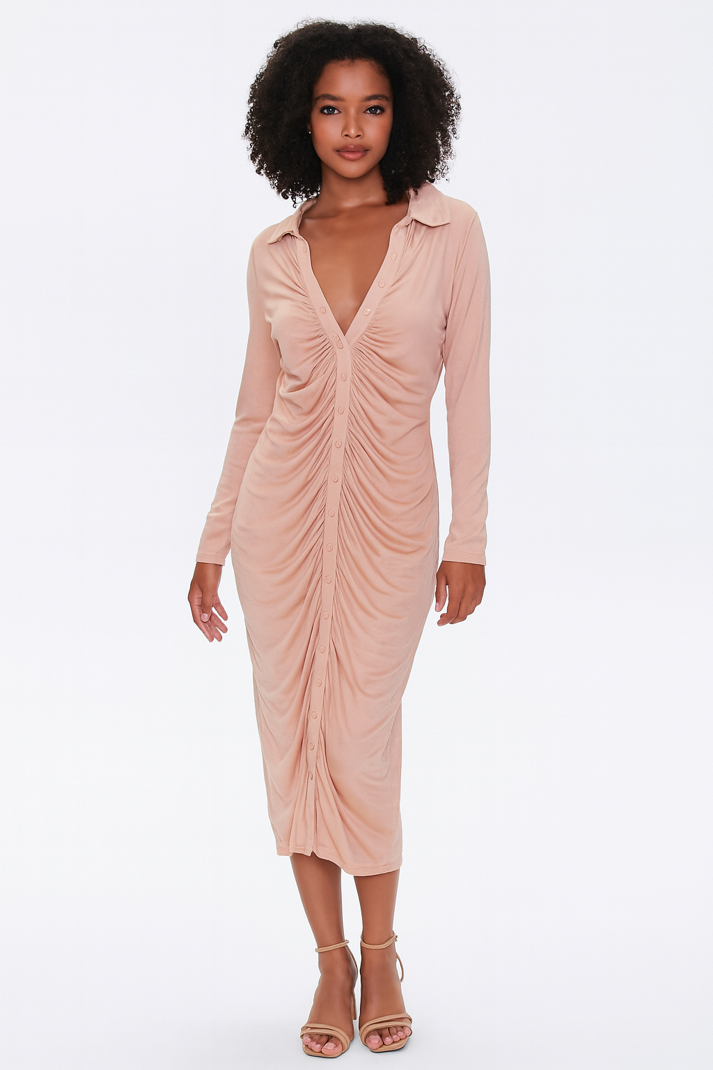 Forever 21 Women's Light Coral V Neck Buttoned Ruched Plus Size Dress | Forever 21 In Lebanon