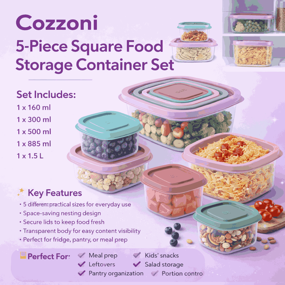 Cozzoni 5-piece square food storage container set with product details on a purple background