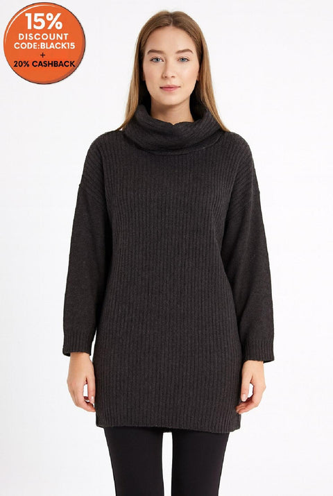Big Dart Women's Gray Turtle Neck Long Sleeve Knitted Mini Dress | Big Dart In Lebanon