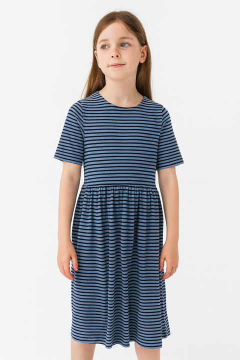 POMPdeLUX Girl's Blue Striped Short-Sleeve Dress |POMPdeLUX in Lebanon