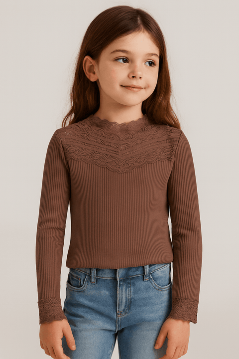 POMPdeLUX Girl's Dark Purple  Lace Mock Neck Blouse |POMPdeLUX in Lebanon