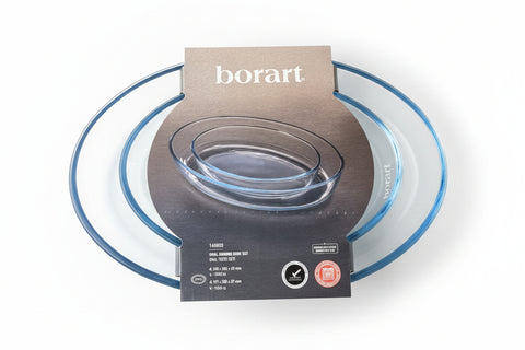 Clear glass bowl with Borart packaging on a wooden surface