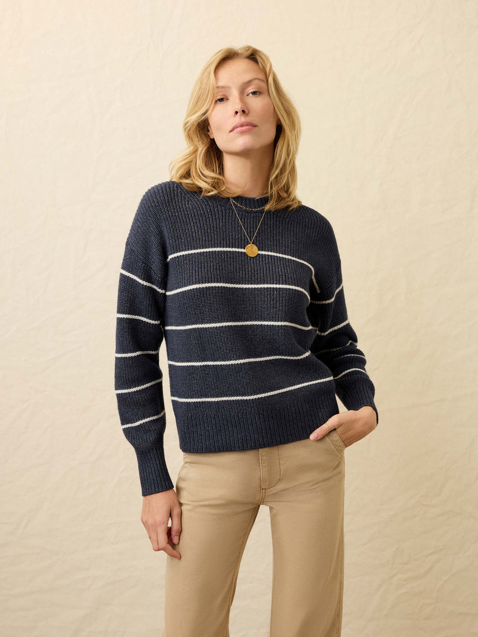 Faherty Women's Blue White Sunwashed Cotton Fisherman Sweater| Faherty in Lebanon