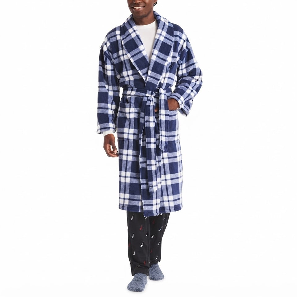 Nautica Men's Navy & White Plaid Fleece Sleep Robe