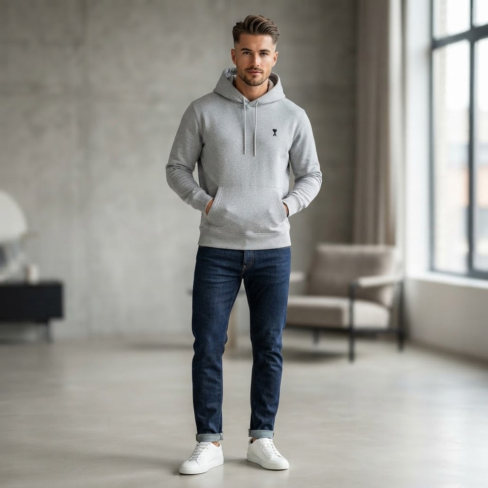 Ami Men's Grey Logo Print Pullover Hoodie