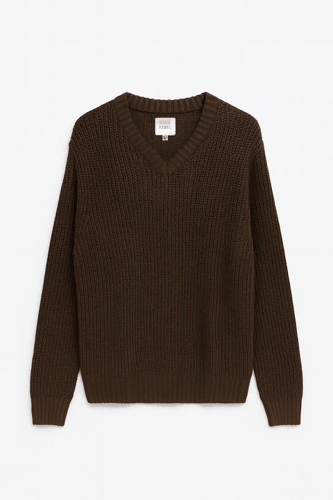 Redefined Rebel Men's Dark Brown Ribbed Knit V-Neck Sweater | Redefined Rebel In Lebanon