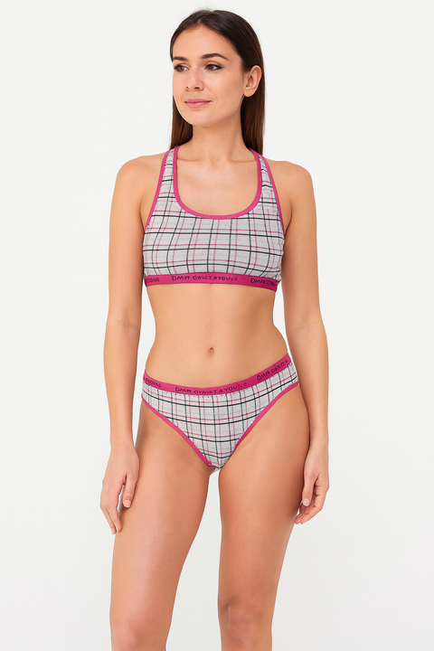Demar Women's Grey & Fuchsia Plaid Lingerie Set | Demar In Lebanon