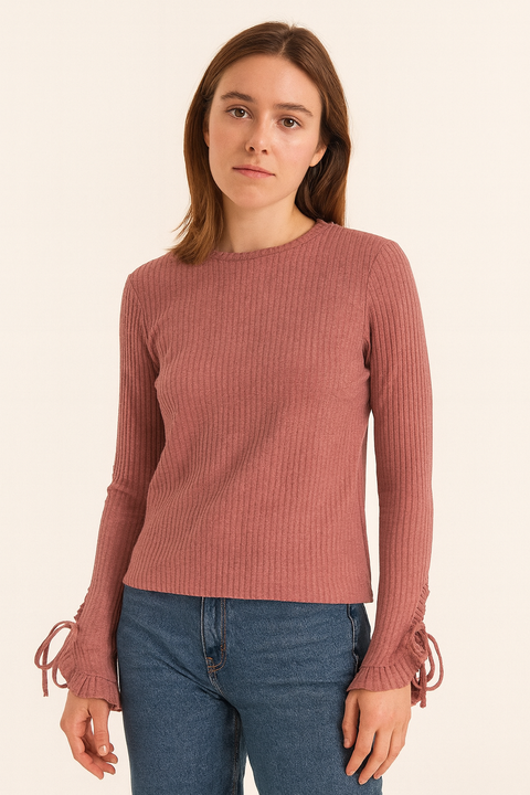 Mango Women's Dusty Rose Ribbed Long Sleeve Blouse |Mango In Lebanon