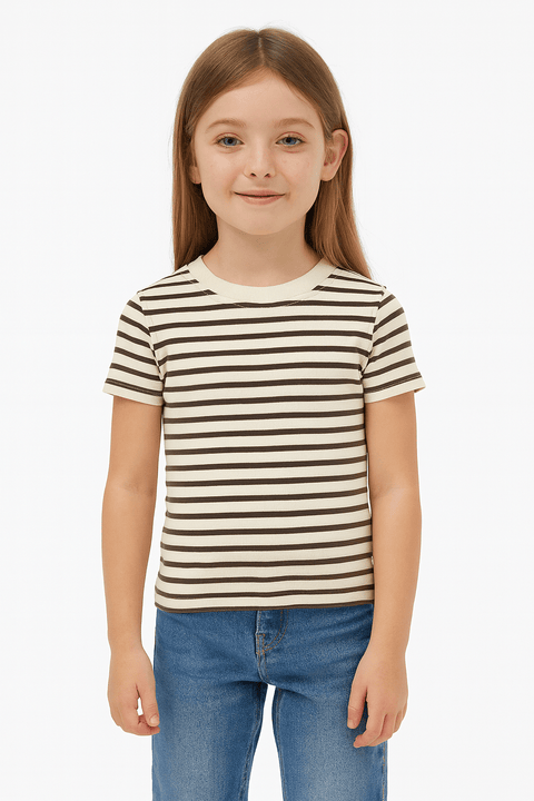 POMPdeLUX Girl's Beige/Brown Striped Short-Sleeve T-shirt |POMPdeLUX in Lebanon