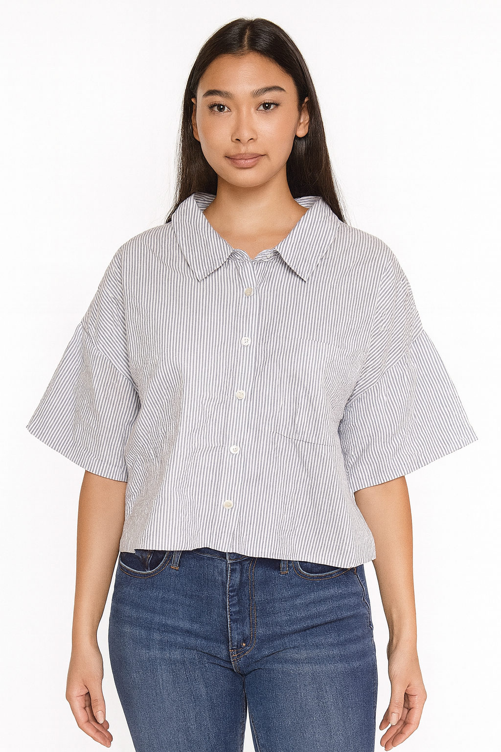 Forever 21 Women's White & Blue Striped Short Sleeve Shirt | Forever 21 In Lebanon