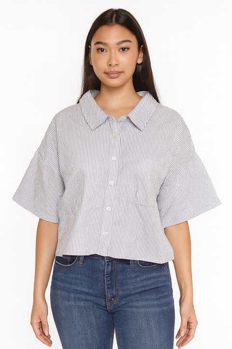 Forever 21 Women's White & Blue Striped Short Sleeve Shirt | Forever 21 In Lebanon