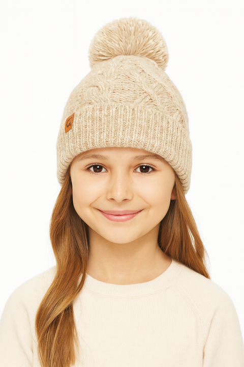 POMPdeLUX Girl's Brown Fuzzy Knit Beanie | POMPdeLUX in Lebanon