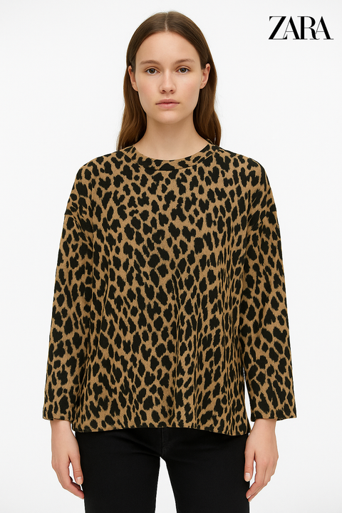 Zara Women's Brown Animal Printed Long-Sleeve Blouse |Zara in Lebanon