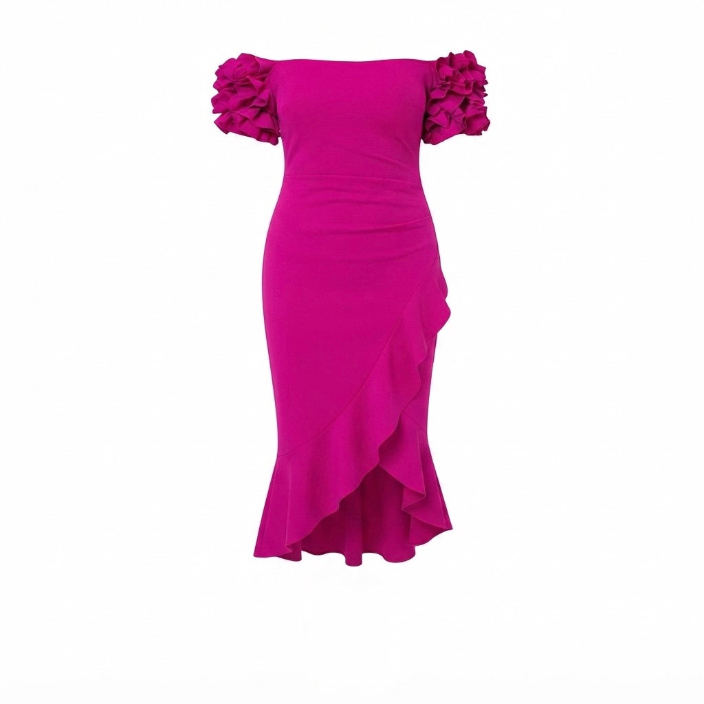 A bright magenta off-the-shoulder midi dress with ruffled cap sleeves and a ruffled asymmetrical hem, shown against a plain white background.