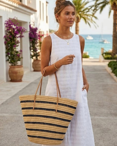 Aqua Women's Beige/Navy  Jella Striped Tote Bag  |Aqua   in Lebanon