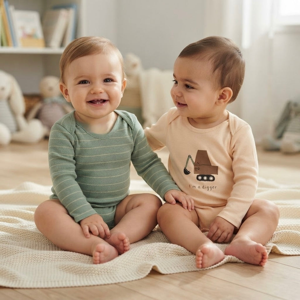 Sinsay Baby Boy's Green & Beige Printed Pack Of 2 Long-Sleeves Bodysuits
