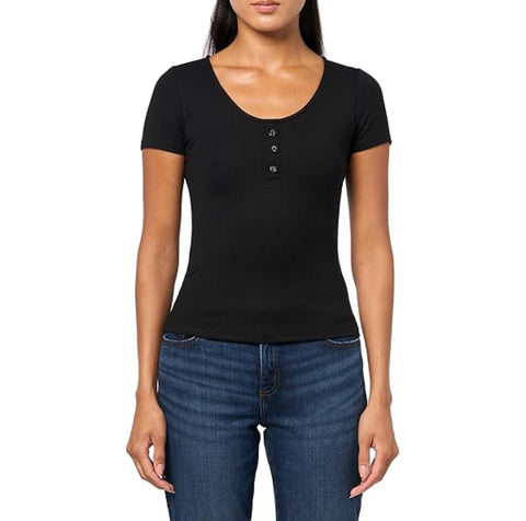 Person wearing a black short-sleeve henley shirt and blue jeans on a white background