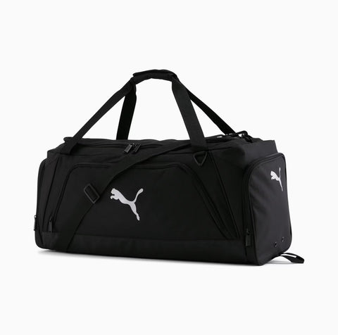 Black duffel bag with Puma logo on a white background
