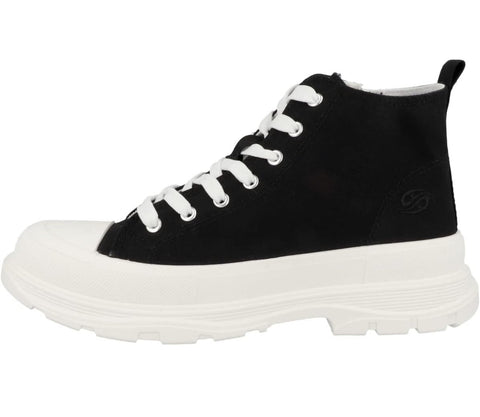 Black high-top sneaker with white laces on a white background, displayed on Amazon.