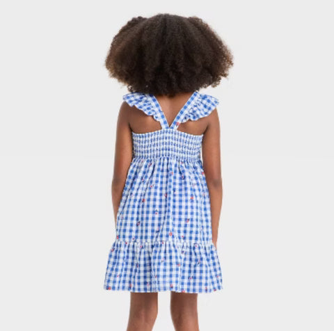 Child wearing a blue and white checkered dress on a plain background