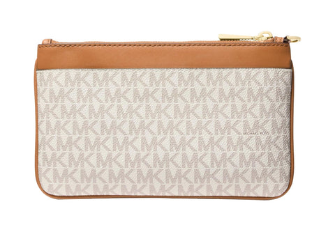 Clutch bag with beige monogram pattern and brown leather accents on a white background