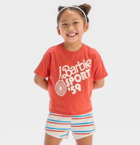 Barbie Baby Girl's Red 2pc Mattel Sporty Retro T-Shirt & Striped Shorts Set | Barbie In Lebanon