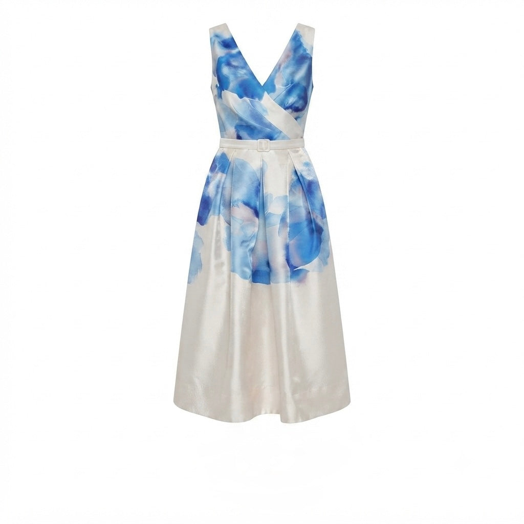 Donna Karan Women's Cream & Blue Shimmer Sleeveless A Line Midi Dress
