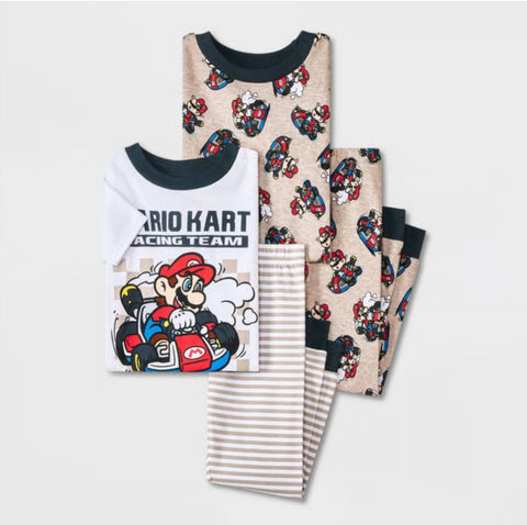 Mario Kart Boy's Beige/White 4pc Cotton Snug Fit  Racing Team Pajama Set | Mario Kart In Lebanon