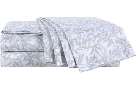 Gray leaf-patterned bed sheets on a white background
