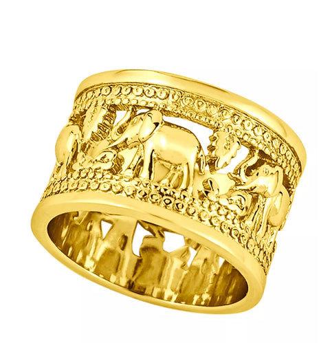 Gold ring with elephant design on a white background
