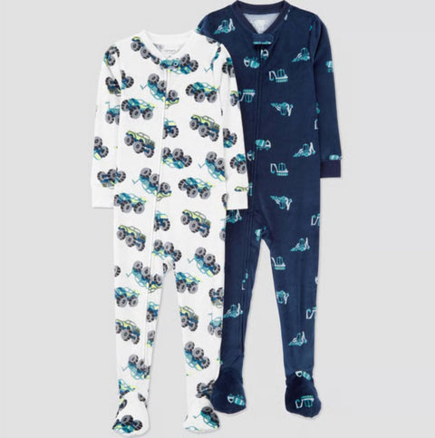 Carter's Just One You Baby Boy's Dark Blue/Ivory 2pk Snug Fit Long Sleeve Cars and Trucks Velour Footed Pajama | Carter's Just One You In Lebanon