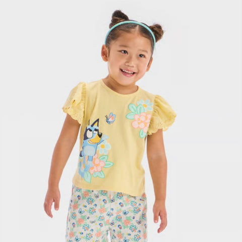 Bluey Girl's Light Yellow Eyelet Sleeve Top & Woven Shorts Set | Bluey In Lebanon