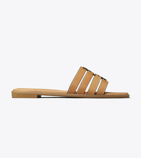 Tan sandal with multiple straps on a white background