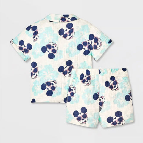 Disney Baby Boy's Blue 2pc Mickey Mouse Woven Gauze Button-Up Top & Shorts Set | Disney In Lebanon