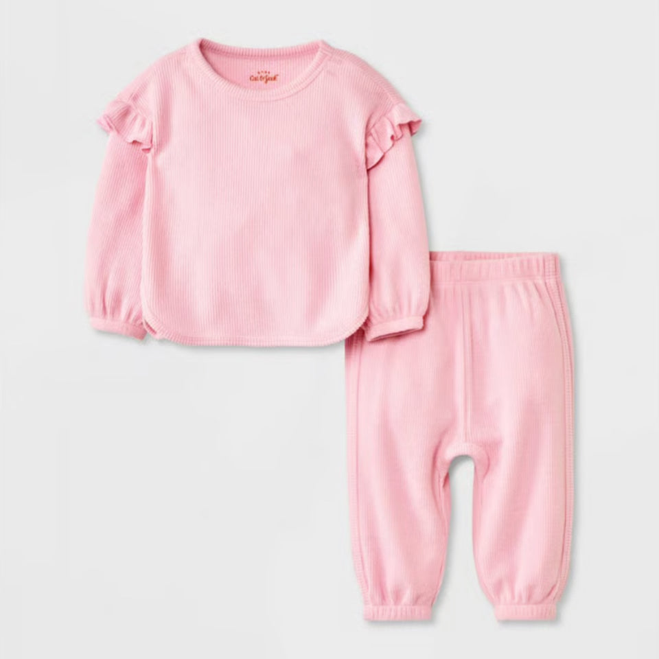 Cat & Jack Baby Girl's Pink 2pc Ruffle Cozy Thermal Sweatshirt & Jogger Pants Set | Cat & Jack In Lebanon
