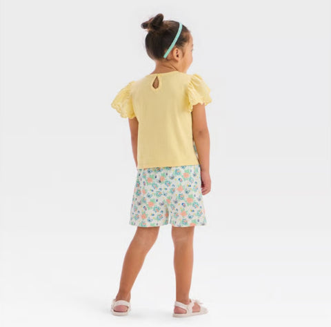 Bluey Girl's Light Yellow Eyelet Sleeve Top & Woven Shorts Set | Bluey In Lebanon